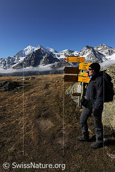 Foto: Berggängerin bei Wegweiser. Im Hintergrund sind die Walliser Alpen mit Weisshorn zu sehen.