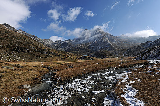 Foto: Zusammenfluss von Bergbächen auf Hochebene. Über der urtümlichen Berglandschaft mit Ofenhorn sind Quellwolken zu sehen.
