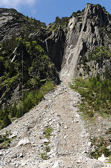 Foto: Felssturz. Die Abbruchstelle ist am hellen Fels in der Wand gut erkennbar. Die Geröllmassen wälzten sich durch einen jungen Bergwald und bilden nun einen Schuttkegel.
