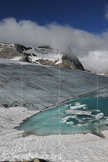 Foto: Gletscher und Gletschersee mit Eisschollen. Unter der Wasseroberfläche ist Gletschereis zu sehen. Das Wasser hat die Farbe türkis. Über dem ausgeaperten Chüebodengletscher ist der in Wolken gehüllte Poncione die Manio erkennbar.