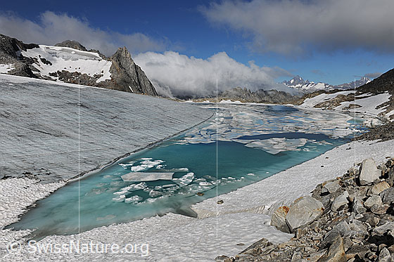 Foto: Wolkenstimmung am Gletschersee. Urtümliche Gletscherlandschaft am Chüebodengletscher mit noch jungem, rasch grösser werdendem Chüebodensee. Auf dem türkisfarbenen Bergsee sind Eisschollen und eine schmelzende Eisdecke zu sehen. Im klaren Wasser ist Gletschereis erkennbar. Die Eisoberfläche des Gletschers ist ausgeapert und bildet dem Seeufer entlang eine deutliche Kante.