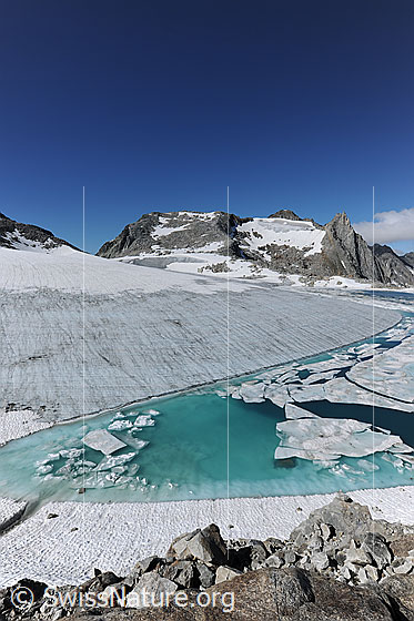 Foto: Türkisfarbener Gletschersee mit Eischollen und Eisdecke. Blick über den ausgeaperten Chüebodengletscher zum Poncione di Manio.
