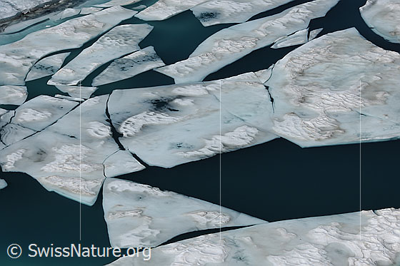 Foto: Eisschollen als Formenspiel auf dunklem, türkisfarbenem Gletschersee.