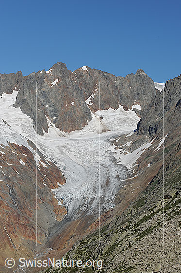 Foto: Chelengletscher, Chelenfirn und Hinter Tierberg. Die Gletscherzunge des Chelengletschers liegt in einem Tal mit rötlichem Gestein (Chelenalptal). Das Ende der Gletscherzunge ist mit Geröll bedeckt.