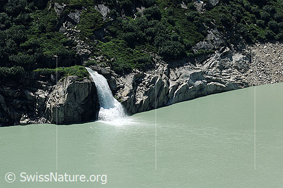 Foto: Wasser fliesst aus Stollen in den See. Als kurzer Wasserfall stürzt sich das Wasser über die Felsen am Ufer in den grünen Göscheneralpsee.