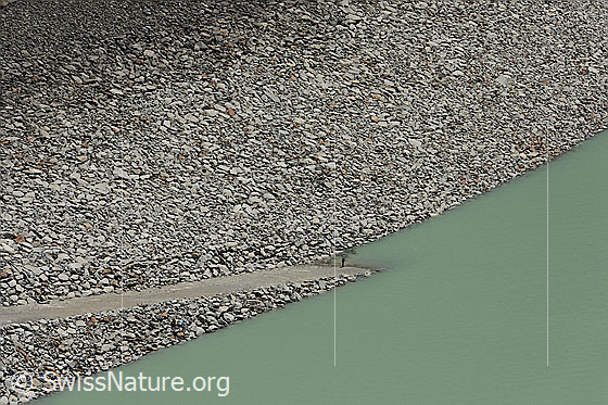 Foto: Staudamm am Göscheneralpsee. Der Damm besteht aus zahlreichen, gleichmässig aufgeschütteten Felsblöcken. Ein Fahrweg führt ans Ufer bzw. direkt in den Stausee.