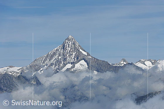 Foto: Bietschhorn von S. Die mächtige Bergpyramide ragt aus einer Wolkenschicht.