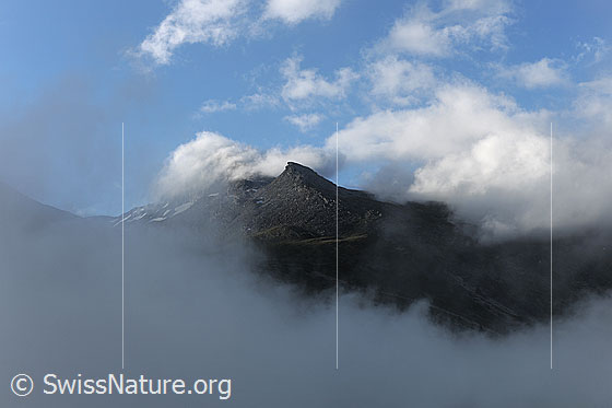 Foto: Morgenstimmung mit Wolken und Nebel. Durch die aufreissenden Wolken fällt Morgenlicht auf den schroffen Berggipfel des Galmenhorn.