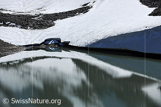 Foto: Schneereste am Ufer mit Spiegelung im Bergsee.