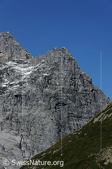 Foto: Ostegg. Felswand und Felsgrat am östlichen Ende des Mittellegigrats (Sommeraufnahme).