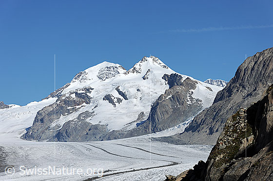 Foto: Mönch und Trugberg mit Aletschgletscher und Konkordiaplatz.