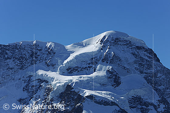 Foto: Zermatter Breithorn. Gipfel mit Hängegletscher. In der Fallinie des Gipfels verläuft der sog. Triftjigrat. In der Bildmitte ist das Triftjiplateau (Gletscherplateau) zu sehen.