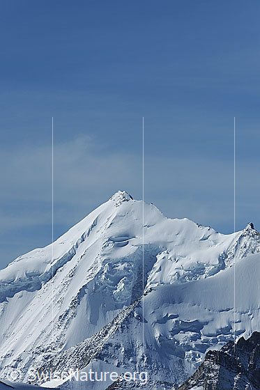Foto: Portrait Weisshorn.
Blick vom Augstbordhorn zum Gipfelbereich des Weisshorns und den Hängegletschern des Bisgletschers in der NE-Wand des Weisshorns. Ebenfalls im Bild der Grosse Gendarme des Nordgrats.