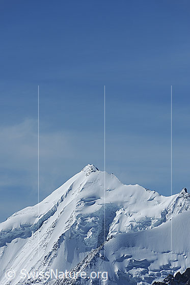 Foto: Gipfelportrait Weisshorn.
Blick vom Augstbordhorn zum Gipfelbereich des Weisshorns und den Hängegletschern des Bisgletschers in der NE-Wand des Weisshorns.