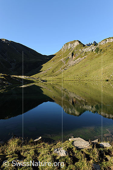Foto: Sulsseewli mit Spiegelung der Geländeformen im ruhigen Wasser des Bergsees. Morgenstimmung mit Schatten und Licht.