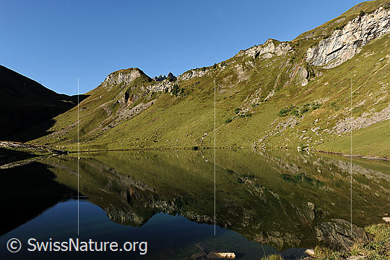 Foto: Morgenstimmung am Sulsseewli. Die Geländeformen spiegeln sich im ruhigen Wasser des Bergsees und lassen regelmässige Muster entstehen.