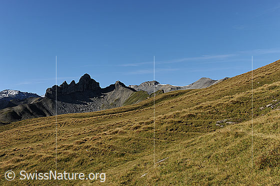 Foto: Lobhörner und Schwalmere. Das Felsmassiv der Lobhörner mit seinem gezackten Felsgrat ist ein beliebter Kletterberg. Im Vordergrund sind ausgedehnte Alpweiden zu sehen.