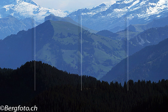 Foto: Buochserhorn, Zentralschweiz, mit bewaldetem Bergrücken im Vordergrund.