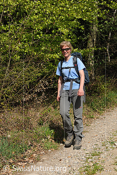 Foto: Wanderin am Waldrand unterwegs. Im Hintergrund zartes Buchenlaub.