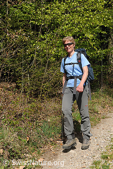 Foto: Wanderin vor Buchenlaub im Frühjahr.