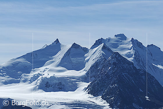 Foto: Mischabel vom Augstbordhorn.
Gipfel: Natelhorn, Stecknadelhorn, Hohberghorn, Dürrenhorn, Dom
Gletscher: Riedgletscher und Hohberggletscher