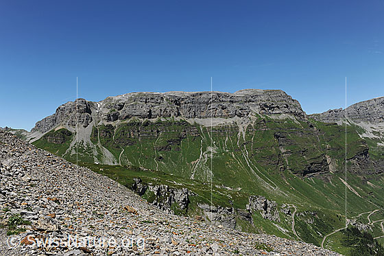 Foto: Märcher Stöckli und Glatten im Sommer. Die Berghänge sind grün.
