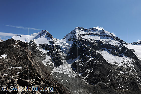 Foto: Fletschhorn und Lagginhorn.
Gletscher: Fletschhorngletscher
