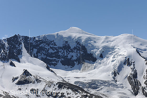 Foto: Weissmies und Triftgletscher mit Gletscherabbrüchen. 
Im Vordergrund die Bergstation Hohsaas.