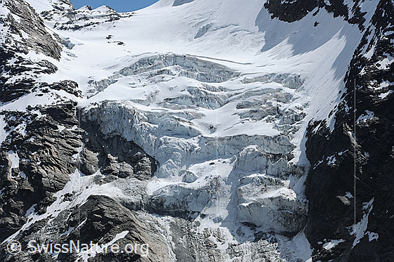 Foto: Oberer Teil des Fletschhorngletschers mit Gletscherabbruch.