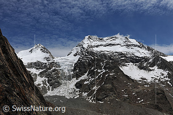 Foto: Fletschhorn und Lagginhorn.
Dazwischen liegt der Fletschhorngletscher.