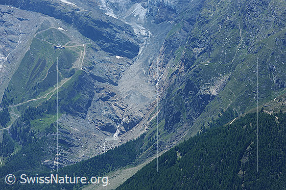 Foto: Zunge des Feegletschers.
Die Gletscherzunge ist zu einem grossen Teil mit Geröll bedeckt.