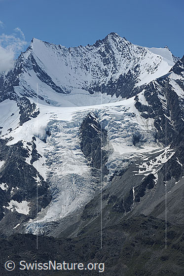 Foto: Lenzspitze, Nadelhorn und Hohbalmgletscher mit Gletscherzungen.