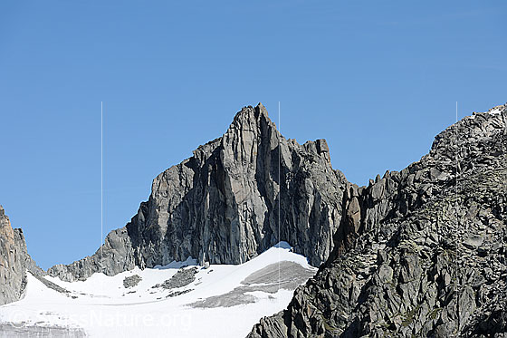 Foto: Sidelenhorn.
Die Felsspitze mit den steil abfallenden Felswänden ragt in den blauen Himmel.