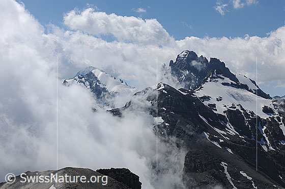 Foto: Wolkenstimmung in den Berner Alpen. Dichtere Quellbewölkung zieht sich um die Gipfel. Zu sehen sind Tschingelspitz, Gspaltenhorn und vorgelagert Vorderi Bütlasse, Bütlasse und Bütlassegletscher.