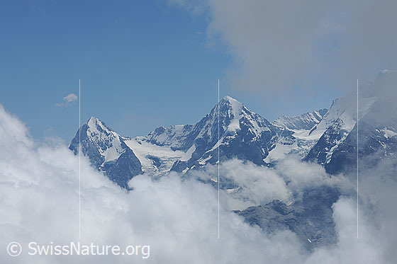 Foto: Wolkenstimmung um Eiger und Mönch. Zwischen den beiden Gipfeln sind Eigergletscher und Mittellegigrat zu sehen. 
Dichte Quellwolken beginnen sich aufzutürmen und eine Nebelschwade verhindert die Sicht auf die übrigen Alpengipfel.