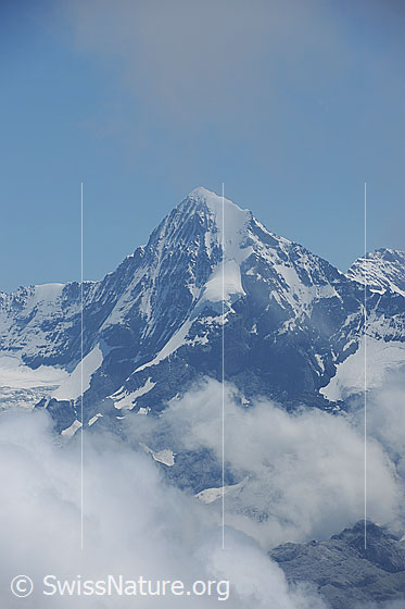 Foto: Mönch mit Wolkenstimmung. Der Hängegletscher (Nollen) ist gut erkennbar. Quellwolken umrahmen den Berg mit einem dichten Wolkenband.