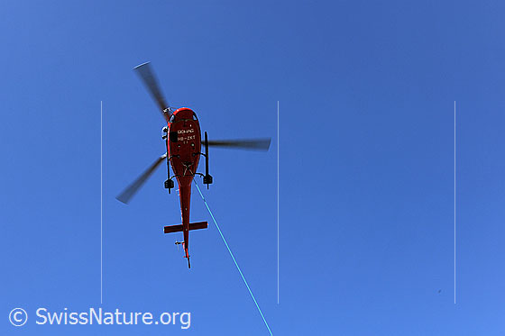Foto: Helikopter mit Seil im Anflug. Ansicht von unten.