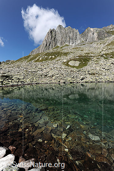 Foto: Lutersee und Gross Schijen mit Quellwolke über dem Gipfel. Die Berglandschaft spiegelt sich im Bergsee. Die Steine am flachen Ufer und im Seegrund sind im klaren Wasser gut erkennbar.