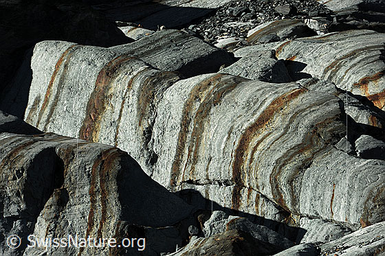 Foto: Strukturen im Gletscherschliff. Durch die verschiedene Gesteinsarten in der Felsschichtung ist ein interessantes Muster im geschliffenen Fels zu sehen.

