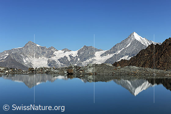 Foto: Spiegelung von Zinalrothorn, Schalihorn und Weisshorn im Alphubelsee.