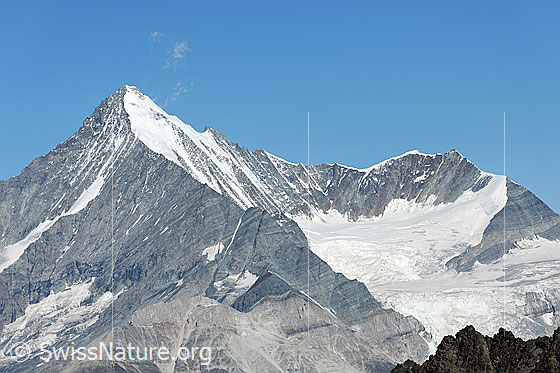 Foto: Weisshorn, Weisshornjoch und Bishorn. Von Links zieht sich der Schaligrat zum Weisshorn hoch. Rechts des Gipfels ist der Gendarm zu sehen.
Gletscher: Bisgletscher