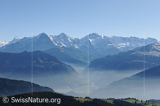 Foto: Herbststimmung in Berglandschaft mit feinen Nebelschichten in den Tälern und Aussicht zu Eiger Mönch und Jungfrau (Dreigestirn in den Berner Alpen).