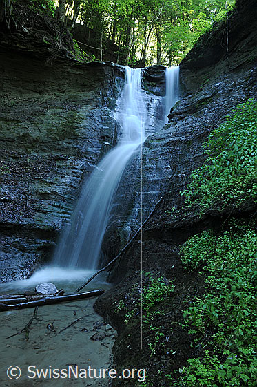 Foto: Wasserfall in kleiner Schlucht im Fels und mit grünem Bewuchs (Langzeitbelichtung).