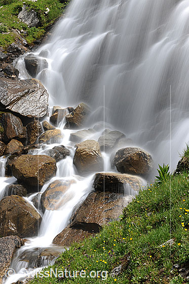 Foto: Wasserfall mit feinen Wasserstrahlen (Langzeitbelichtung). Das Wasser ergiesst sich über Felsstufen in einen Bergbach.