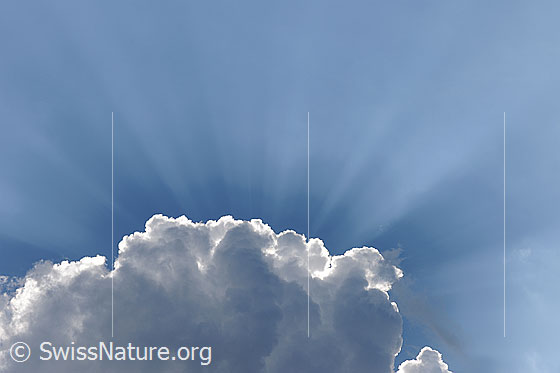 Foto: Quellwolke und Sonnenstrahlen am blauen Himmel. Die Sonne wird von der Wolke verdeckt. Der locker geformte Rand der Wolke wird vom Sonnenlicht erhellt.