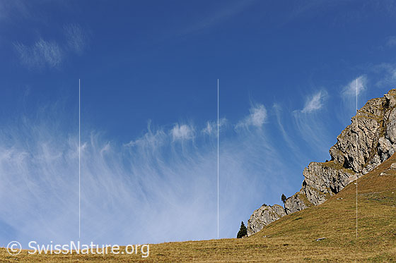 Foto: Gleichmässig angeordnete Federwolken zieren den blauen Himmel über der Berglandschaft.