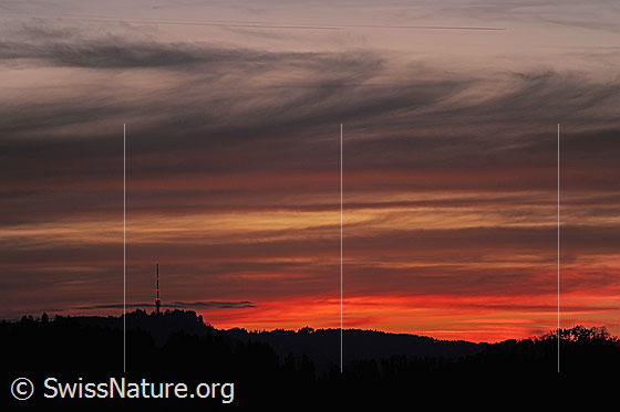 Foto: Schichtwolken am Abendhimmel mit Abendrot über dem schon dunklen Horizont.