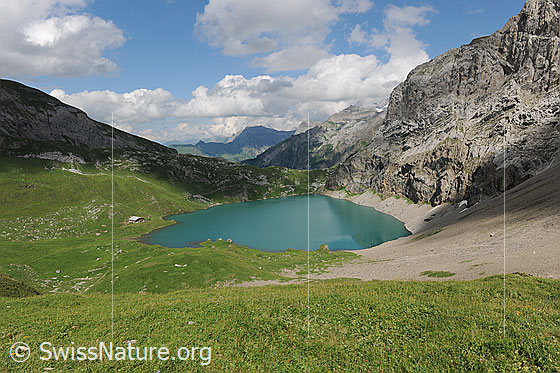 Foto: Schönwetterwolken über grüner Berglandschaft am Iffigsee.