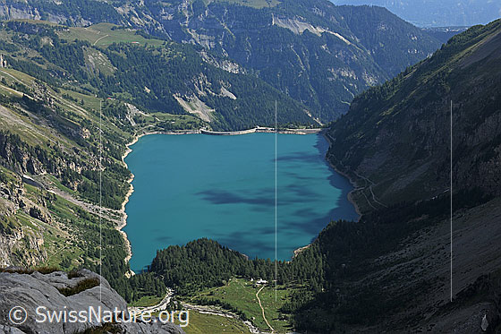 Foto: Lac de Tseuzier. Tiefblick auf den gefüllten Stausee.