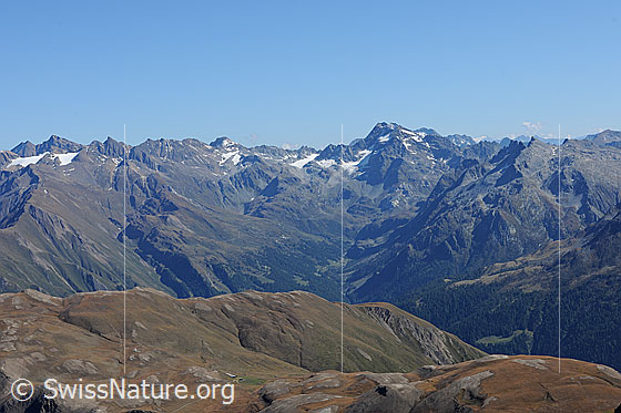 Foto: Blick vom Bättlihorn Richtung Binntal und Ofenhorn. Davor ist der herbstlich gefärbte Kamm des  Breithorns zu sehen. Auf den Hängen dieses Kamms befindet sich das östliche Feld von Grengiols Solar.
